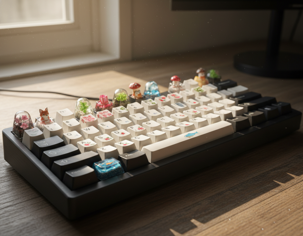 A beautifully arranged artisan keyboard showcasing a variety of intricately designed keycaps themed around nature. In the foreground, various keycaps with motifs of flowers, leaves, and animals, each one uniquely sculpted, sit atop a sleek mechanical keyboard. The middle ground features subtle shadows cast by the keycaps, enhancing their textures, and a gently illuminated workspace. In the background, a soft-focus wooden desk adds warmth to the scene, with natural light streaming in from a nearby window, creating a serene atmosphere. The lighting is soft and diffused, emphasizing the rich colors of the keycaps. Capture the essence of creativity and personalization in keyboard design, evoking a cohesive and artistic setup perfect for enthusiasts.