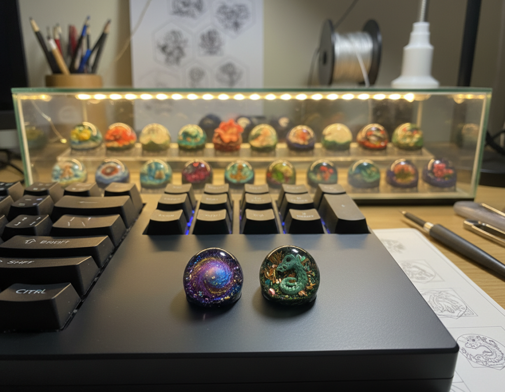A beautifully arranged collection of Jelly Key artisan keycaps, showcasing a variety of vibrant colors and intricate designs, including glittering swirls and whimsical patterns. In the foreground, focus on a couple of keycaps placed on a sleek, dark keyboard surface, highlighting their exquisite craftsmanship and unique textures. In the middle ground, include a softly glowing display case filled with more keycaps, slightly out of focus to create depth. The background features a softly blurred workspace, illuminated by warm ambient lighting, suggesting a cozy artisan environment. Use a shallow depth of field to draw attention to the details of the keycaps, creating an inviting and creative atmosphere that captures the essence of limited edition artisan keycaps for custom keyboard enthusiasts.