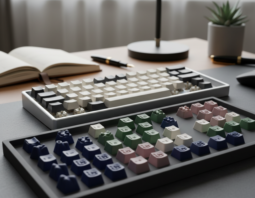A beautifully arranged workspace featuring a variety of custom keyboard keycaps in a harmonious color palette. In the foreground, display a selection of keycaps, showcasing contrasting textures and subtle color gradients. The middle ground should include a sleek mechanical keyboard with the keycaps partially assembled, highlighting compatibility options. In the background, an elegant desktop environment with soft-focused elements such as a notebook and pens enhances the professional feel. Utilize soft, natural lighting to create a warm and inviting atmosphere, with gentle shadows adding depth. The angle should be a moderate close-up, emphasizing detail and craftsmanship, while maintaining a clean and organized aesthetic to inspire confidence in compatibility checks.