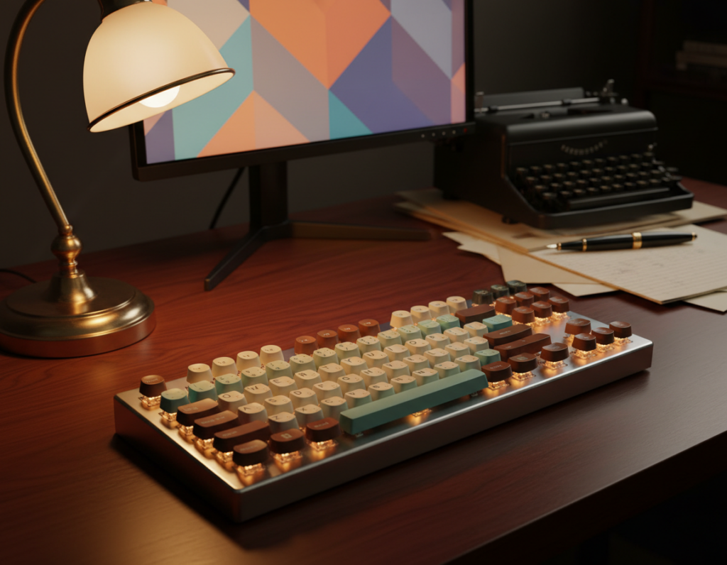 A beautifully crafted mechanical keyboard with retro design elements, featuring vibrant keycaps in nostalgic hues like teal, cream, and warm brown. The keyboard is placed elegantly on a polished wooden desk, complemented by a vintage-style desk lamp emitting a soft, warm glow. In the foreground, the keyboard's intricate switches and backlighting create a charming visual effect. The middle ground includes a sleek, minimalist computer monitor with a soft gradient wallpaper that enhances the retro theme. The background is filled with hints of old-fashioned office supplies like a typewriter and paper notepads, evoking a cozy and inviting atmosphere. The scene is lit with warm, ambient lighting, captured from a slight overhead angle to emphasize the keyboard's design. The overall mood is nostalgic and inviting, perfect for a retro-inspired setup.