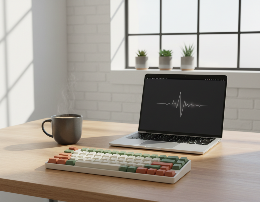 A beautifully designed minimalist keyboard sits gracefully on a sleek wooden desk positioned in a well-lit, modern workspace. The foreground features the keyboard with smooth, matte keycaps in subtle earth tones, reflecting a harmonious aesthetic. In the middle, a high-end laptop showcases a clean interface, complementing the keyboard’s simplicity. The background reveals soft, natural light filtering through large windows, casting gentle shadows and highlighting a few carefully arranged decorative plants. A stylish coffee mug sits to one side, adding a touch of warmth to the scene. The atmosphere is calm and inspiring, emphasizing functionality and elegance. The angle captures a slight overhead view, ensuring all elements come together to represent modern workstation aesthetics perfectly.