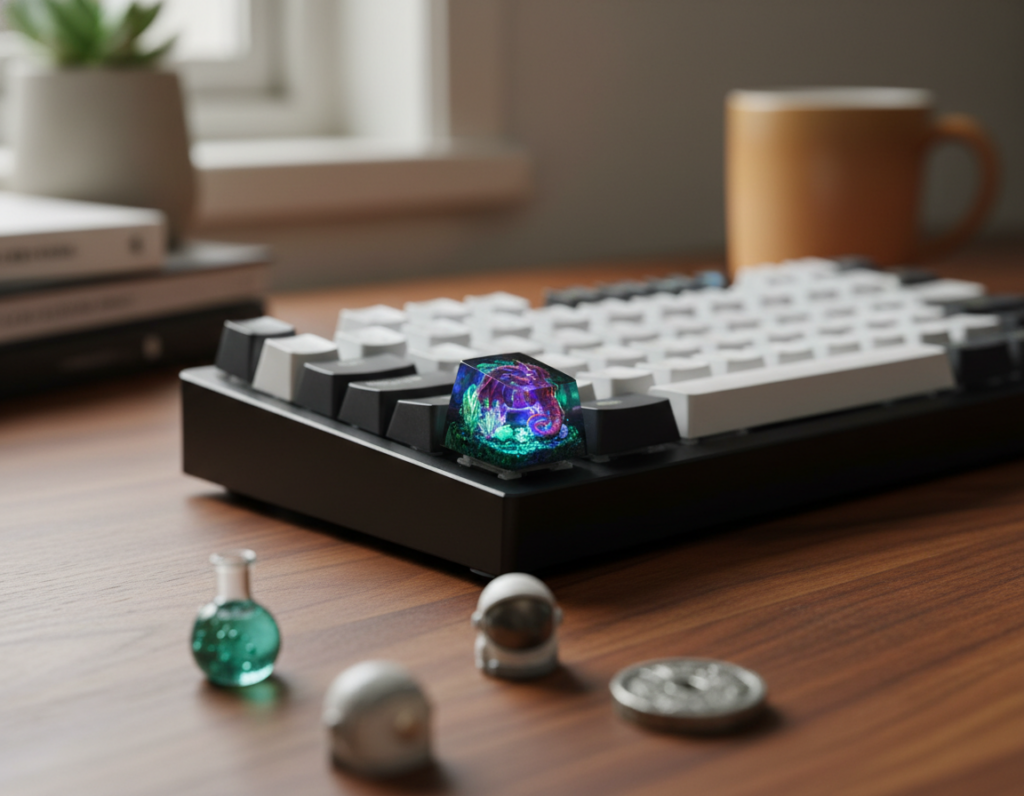 A close-up view of a beautifully crafted custom handmade keycap, placed on a modern mechanical keyboard. The keycap should be intricate, showcasing vibrant colors and unique designs that appeal to collectors. In the foreground, there's an elegant wooden table or desk surface, with soft, natural lighting highlighting the texture of the keycap and keyboard. In the middle ground, a few scattered keycaps of different styles can be seen, emphasizing the variety available. The background is softly blurred but features a cozy workspace atmosphere—perhaps with a plant or decorative items—and warm, inviting tones that create a calm yet enthusiastic mood. The focus should be on the selling aspect, evoking interest in the pricing aspect of custom keycaps without any text or branding elements present.