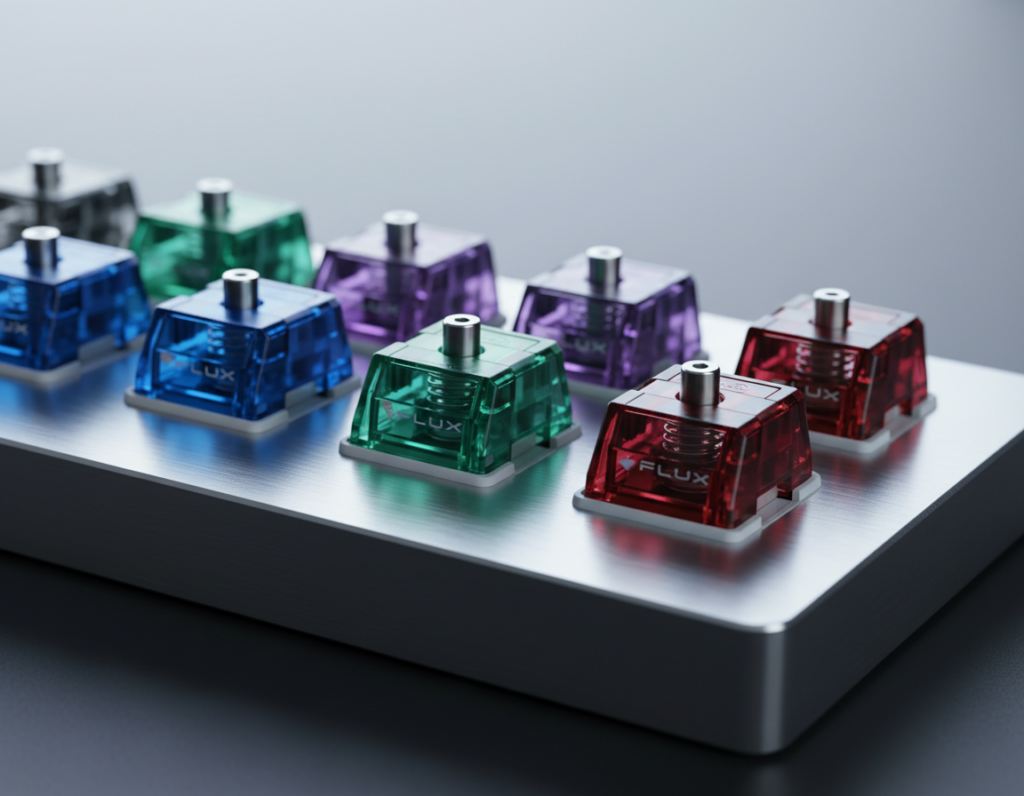 A close-up view of a collection of actuation switches arranged on a sleek, modern keyboard. The foreground features a variety of frictionless mechanical switches, showcasing their transparent and vibrant colored housings. The switches should be intricately detailed, highlighting the smooth linear movement mechanism inside. In the middle ground, a glistening metal keyboard plate reflects soft, diffused lighting, emphasizing the polished finish. The background is softly blurred to enhance the focus on the switches, with a gentle gradient that transitions from dark to light, creating an airy atmosphere. The scene is lit with a cool, professional tone, reminiscent of a tech magazine, capturing a sense of innovation and precision in keyboard design. A close-up view of a collection of actuation switches arranged on a sleek, modern keyboard. The foreground features a variety of frictionless mechanical switches, showcasing their transparent and vibrant colored housings. The switches should be intricately detailed, highlighting the smooth linear movement mechanism inside. In the middle ground, a glistening metal keyboard plate reflects soft, diffused lighting, emphasizing the polished finish. The background is softly blurred to enhance the focus on the switches, with a gentle gradient that transitions from dark to light, creating an airy atmosphere. The scene is lit with a cool, professional tone, reminiscent of a tech magazine, capturing a sense of innovation and precision in keyboard design.
