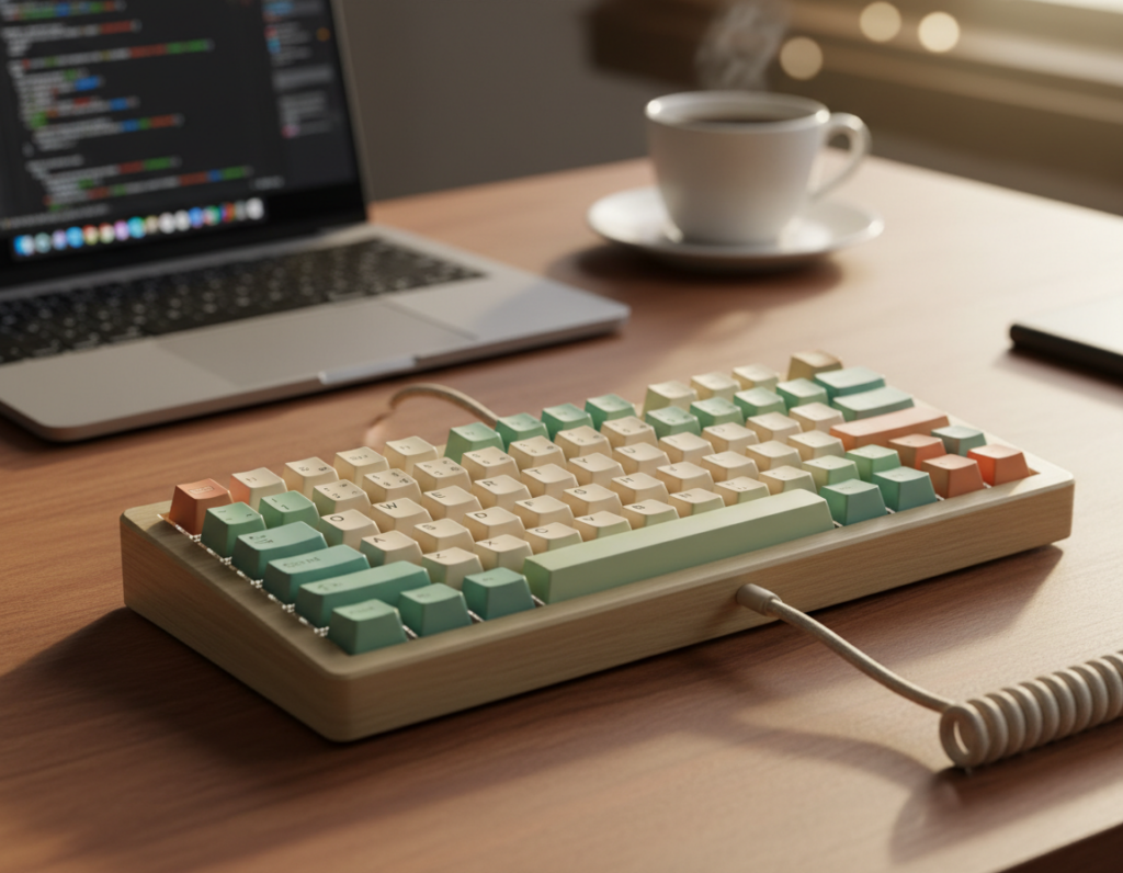A close-up view of a compact, retro-style travel keyboard, featuring vibrant mechanical switches in pastel colors and a vintage design reminiscent of classic computers. The keyboard is placed on a sleek wooden desk, with a soft focus on a modern laptop and a stylish coffee cup in the background to suggest a hybrid work environment. The lighting is warm and inviting, casting gentle shadows that enhance the textures of the keyboard’s surface. Use a shallow depth of field to emphasize the keyboard in the foreground while subtly blurring the elements in the background. The atmosphere conveys a blend of nostalgia and modern functionality, appealing to collectors and enthusiasts who appreciate retro aesthetics.