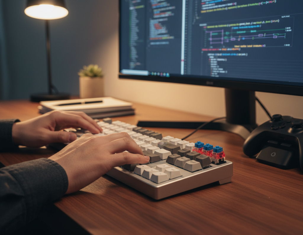 A close-up view of a high-quality mechanical keyboard on a sleek workspace table, emphasizing various switch types like tactile, linear, and clicky. The foreground shows a pair of hands typing on the keyboard, fingers gently pressing the keys, capturing the tactile feedback. In the middle ground, there's a softly-lit screen displaying code and graphics, indicating programming tasks, while a gaming controller lies nearby, suggesting light gaming activities. The background features a clean desk setup with soft ambient lighting, creating a focused and productive atmosphere. The scene is shot from a slight angle to highlight both the keyboard and the workspace, reflecting an ideal environment for programming and debugging, with a professional and inviting mood. A close-up view of a high-quality mechanical keyboard on a sleek workspace table, emphasizing various switch types like tactile, linear, and clicky. The foreground shows a pair of hands typing on the keyboard, fingers gently pressing the keys, capturing the tactile feedback. In the middle ground, there's a softly-lit screen displaying code and graphics, indicating programming tasks, while a gaming controller lies nearby, suggesting light gaming activities. The background features a clean desk setup with soft ambient lighting, creating a focused and productive atmosphere. The scene is shot from a slight angle to highlight both the keyboard and the workspace, reflecting an ideal environment for programming and debugging, with a professional and inviting mood.