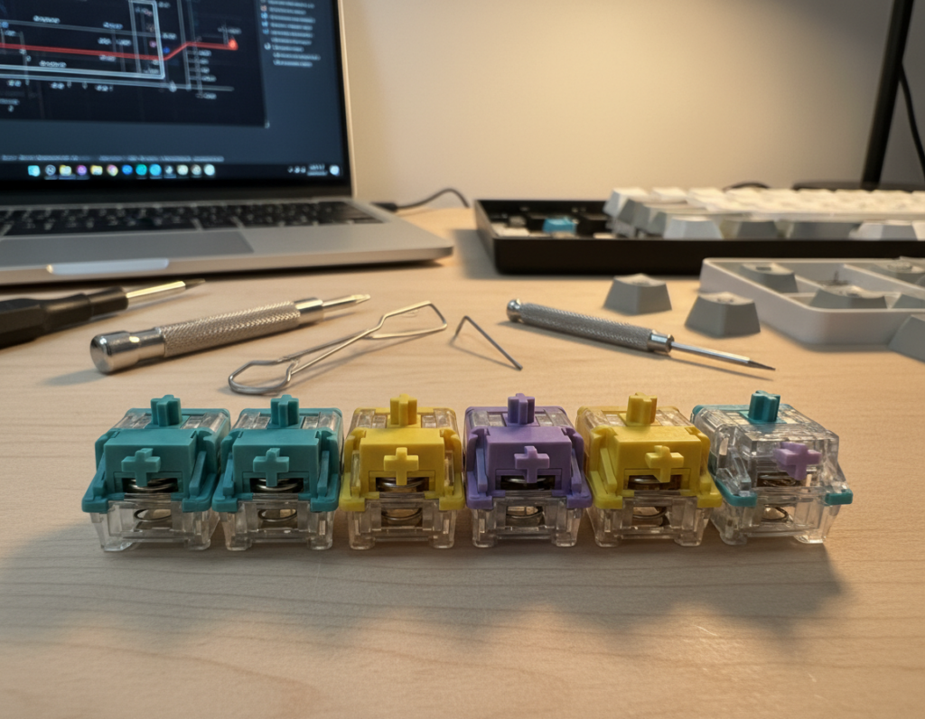 A close-up view of installation maintenance switches for a mechanical keyboard, emphasizing their intricate design and functionality. In the foreground, focus on a set of high-quality, colorful switches arranged professionally, showcasing their detailed components, including the housing, stem, and spring inside. The middle ground features tools like a screwdriver and keycap puller, suggesting an installation process. In the background, a softly lit workbench adorned with a laptop and keyboard parts creates a tidy, organized workspace atmosphere. The lighting is warm and inviting, enhancing the technical details of the switches. The scene conveys a sense of precision and care, suitable for long-term quiet performance.