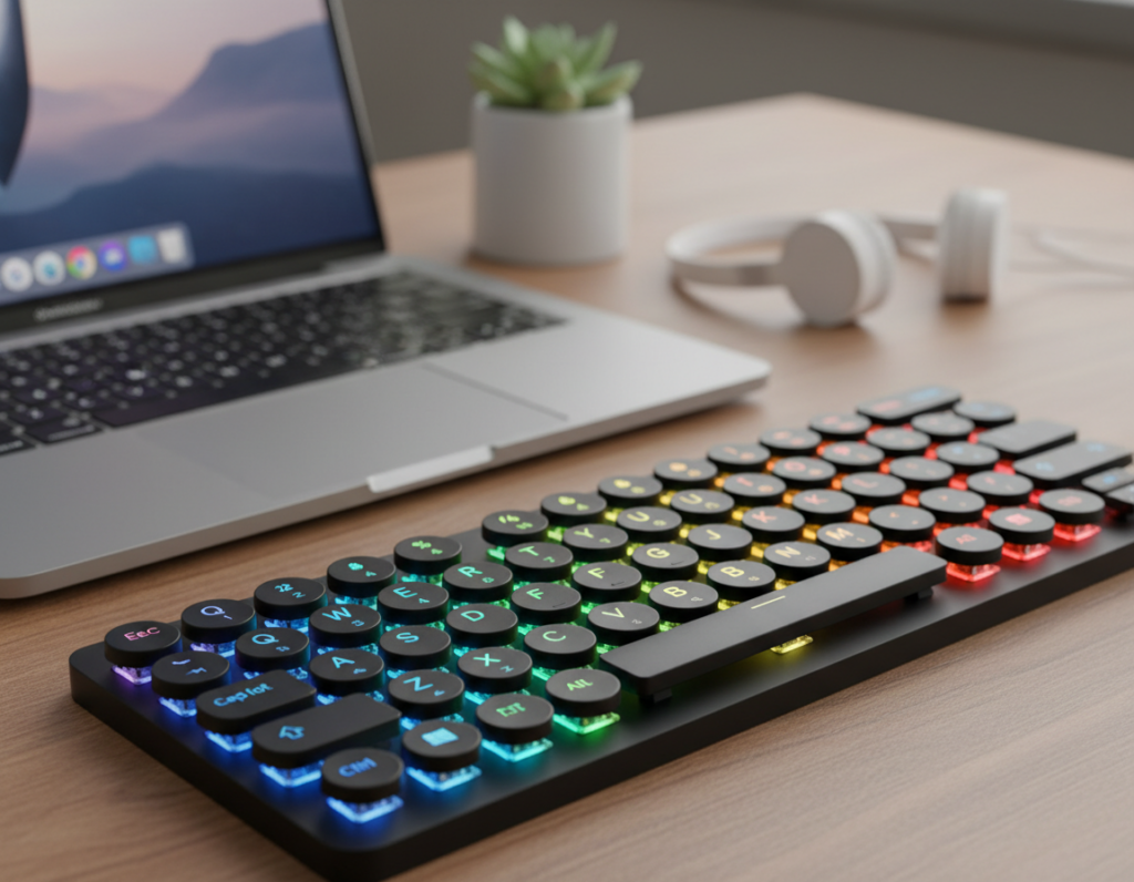 A close-up view of the Arteck HB030B keyboard, showcasing its sleek and compact design. The keyboard is illuminated with soft, colorful backlighting, highlighting its mechanical key switches. In the foreground, the keys are sharply in focus, displaying their tactile texture and high-quality finish. In the middle ground, a stylish laptop is partially visible, emphasizing the portable nature of this keyboard, suggesting a mobile workstation setup. The background features a soft, blurred workspace environment with a wooden desk and a potted plant, adding a serene and motivational atmosphere. The lighting is warm and inviting, enhancing the overall aesthetic of convenience and minimalism, ideal for occasional use in various settings.