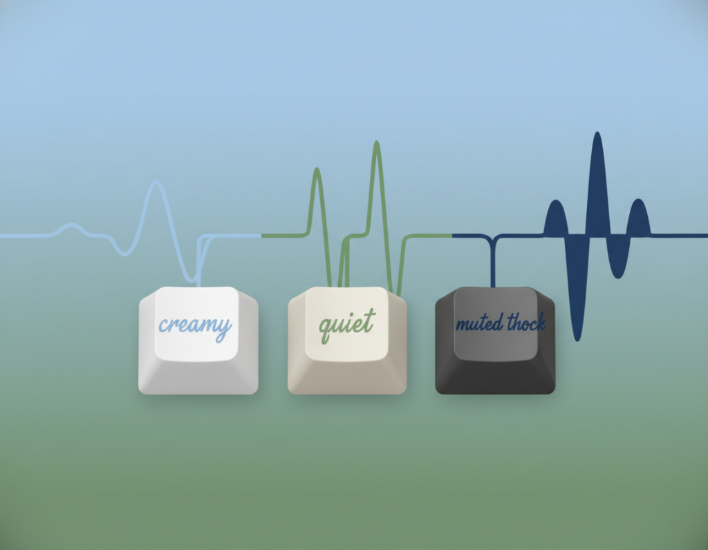 A conceptual illustration depicting a sound profile comparison chart, featuring various keyboard switches from “creamy” quiet to muted thock. The foreground showcases three distinct keyboard keys, each labeled with their respective sound characteristics in soft, flowing lines. In the middle, a series of waveforms is illustrated, connecting the keys and visually representing the sound profiles. The background fades into a gradient of calming blues and greens, evoking a serene atmosphere. Soft, focused lighting highlights the textures of the keys, while a shallow depth of field keeps the attention on the sound profiles. The overall mood is professional and analytical, perfect for an article focused on typing comfort.