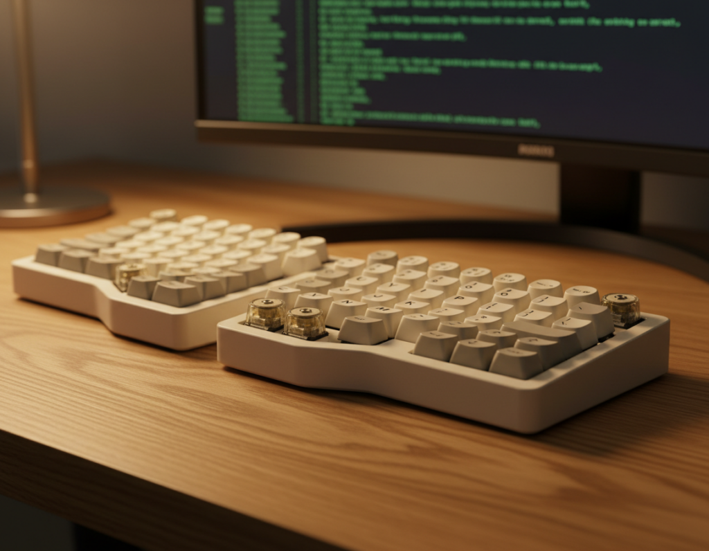 A detailed view of a terminal-style keyboard featuring vintage keycaps in a classic monochrome color scheme, with round, retro key switches and an ergonomic layout. In the foreground, the keyboard rests on a clean wooden desk, possibly oak, with a textured surface. In the middle ground, a soft, warm light illuminates the keyboard, creating subtle reflections and enhancing the nostalgic aesthetic. The background includes a blurred computer monitor displaying a green-on-black terminal interface, evoking a sense of retro computing nostalgia. The overall atmosphere is calm and focused, embodying a workspace designed for productivity, with a hint of minimalism. The shot is taken from a slightly elevated angle, allowing for a comprehensive view of the keyboard and its elegant design without any distractions.