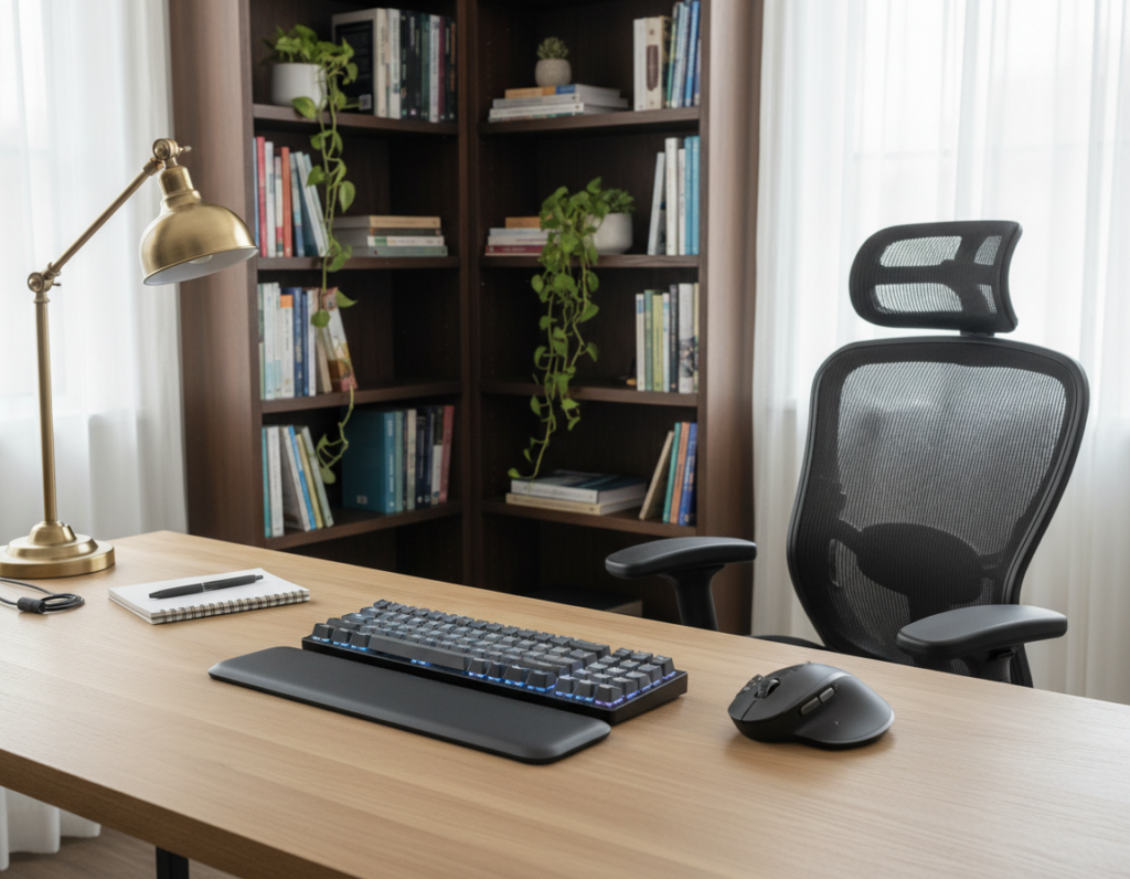 A modern desk setup optimized for typing efficiency, featuring a sleek mechanical keyboard with customizable RGB lighting, ergonomic wrist rest, and a streamlined mouse. The foreground showcases a tidy desk surface with neatly arranged tech gadgets, a notepad, and a stylish desk lamp emitting warm, inviting light. In the middle, a comfortable office chair with high back support is positioned, perfectly suited for long typing sessions. The background consists of an organized bookshelf filled with reference materials and indoor plants that add a refreshing touch. Soft natural daylight filters through a window, creating a tranquil atmosphere, emphasizing productivity and comfort. The overall mood is focused and professional, suitable for enhancing daily maintenance habits in workspace setups. A modern desk setup optimized for typing efficiency, featuring a sleek mechanical keyboard with customizable RGB lighting, ergonomic wrist rest, and a streamlined mouse. The foreground showcases a tidy desk surface with neatly arranged tech gadgets, a notepad, and a stylish desk lamp emitting warm, inviting light. In the middle, a comfortable office chair with high back support is positioned, perfectly suited for long typing sessions. The background consists of an organized bookshelf filled with reference materials and indoor plants that add a refreshing touch. Soft natural daylight filters through a window, creating a tranquil atmosphere, emphasizing productivity and comfort. The overall mood is focused and professional, suitable for enhancing daily maintenance habits in workspace setups.