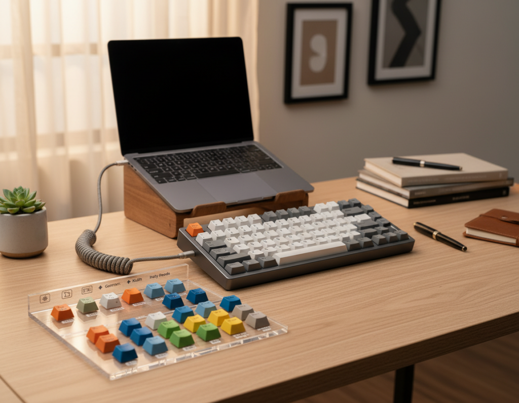 A stylish workspace featuring a high-quality mechanical keyboard with a minimalistic keycap set. In the foreground, showcase a vibrant keycap set that highlights its compatibility with various mechanical switches, arranged on a sleek, modern desk. In the middle ground, include a stylish wooden desk with elegant stationery and a potted plant to enhance the workspace aesthetics. The background should feature soft, ambient lighting, casting a warm glow over the scene to evoke a serene and inviting atmosphere. Incorporate subtle details like a laptop and books that emphasize organization and sophistication. Capture the image from a slightly elevated angle to display both the keyboard and the surrounding elements, creating an inspiring and harmonious workspace design.