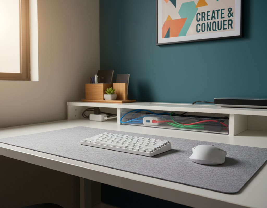 A tidy, modern desk setup showcasing master-level cable management in a small workspace environment. In the foreground, focus on a minimalist keyboard with its accompanying mouse, both elegantly designed, complemented by neatly organized, color-coded cables running along a cable management tray. In the middle ground, include a stylish desk organizer containing office supplies while cables are smoothly routed hidden behind the desk. The background should feature a vibrant wall with a motivational art piece, adding a splash of color. Soft, diffused lighting creates a warm, inviting atmosphere. Capture the scene from a slightly elevated angle to emphasize the effective use of space, showcasing how minimalistic design and efficient cable management can enhance a small desk area. A tidy, modern desk setup showcasing master-level cable management in a small workspace environment. In the foreground, focus on a minimalist keyboard with its accompanying mouse, both elegantly designed, complemented by neatly organized, color-coded cables running along a cable management tray. In the middle ground, include a stylish desk organizer containing office supplies while cables are smoothly routed hidden behind the desk. The background should feature a vibrant wall with a motivational art piece, adding a splash of color. Soft, diffused lighting creates a warm, inviting atmosphere. Capture the scene from a slightly elevated angle to emphasize the effective use of space, showcasing how minimalistic design and efficient cable management can enhance a small desk area.