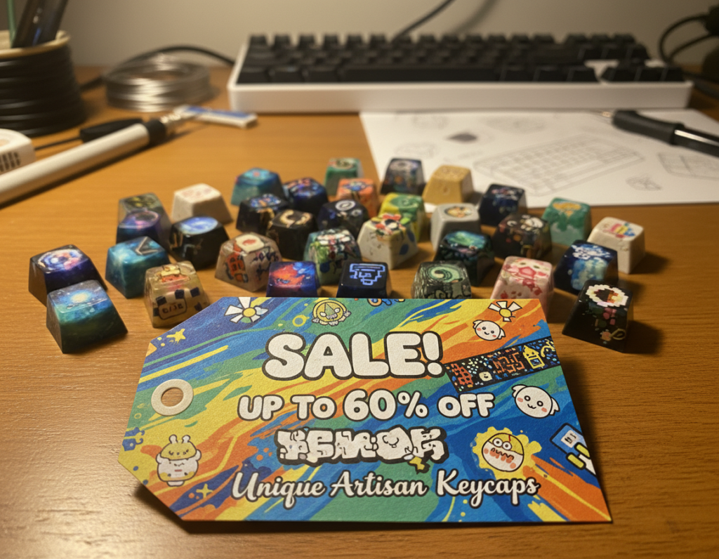 A visually striking composition showcasing a vibrant, artistic sale price tag prominently displayed in the foreground, featuring unique and colorful designs inspired by independent artists specializing in keyboard keycaps. The tag should be adorned with playful illustrations and patterns, reflecting creativity and craftsmanship. In the middle ground, an array of decorative keycaps in various shapes and colors should be artistically arranged, highlighting their intricate designs and textures. The background should consist of a soft, blurred workspace, hinting at a cozy, creative environment with warm lighting to create an inviting atmosphere. The overall mood is cheerful and enticing, evoking excitement about shopping for unique keycaps during sales and promotions. Use a slightly overhead angle for a dynamic perspective. A visually striking composition showcasing a vibrant, artistic sale price tag prominently displayed in the foreground, featuring unique and colorful designs inspired by independent artists specializing in keyboard keycaps. The tag should be adorned with playful illustrations and patterns, reflecting creativity and craftsmanship. In the middle ground, an array of decorative keycaps in various shapes and colors should be artistically arranged, highlighting their intricate designs and textures. The background should consist of a soft, blurred workspace, hinting at a cozy, creative environment with warm lighting to create an inviting atmosphere. The overall mood is cheerful and enticing, evoking excitement about shopping for unique keycaps during sales and promotions. Use a slightly overhead angle for a dynamic perspective.